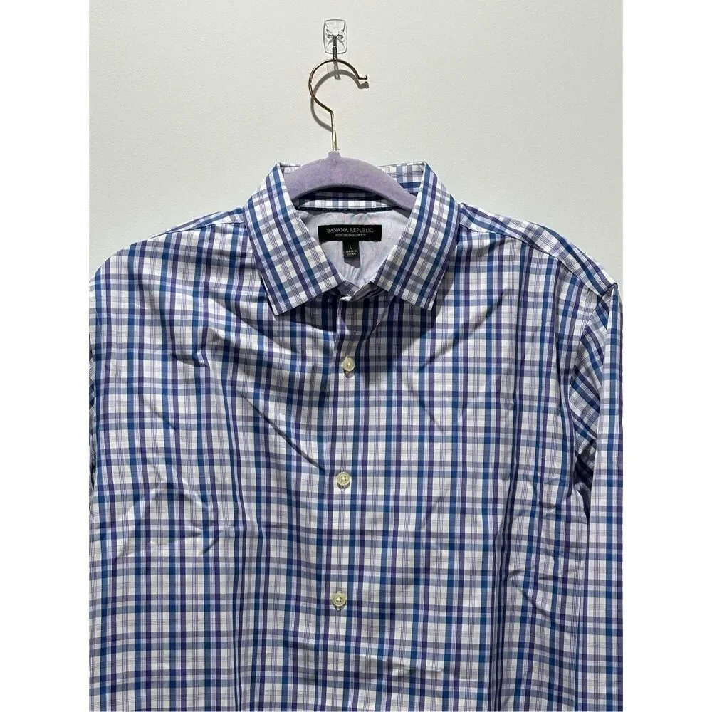 Banana Republic No Iron Slim Fit Blue and Purple Plaid Button Down Size Large